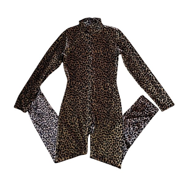 Vtg Fredericks Of Hollywood Leopard Long Sleeve Jumpsuit Medium Stretchy Mobwife - Picture 1 of 9